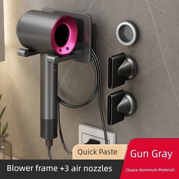 Manyetik Dyson Saç Kurutma Makinesi Duvar Montaj Tutucu - Metalik Gri, 3 Nozul Tutuculu