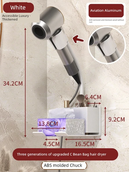 Deliksiz Banyo Saç Kurutma Makinesi Rafı - Üç Nesil ABS Mandren C Model Beyaz
