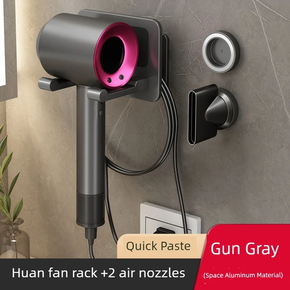 Manyetik Dyson Saç Kurutma Makinesi Duvar Montaj Tutucu - Metalik Gri, 2 Nozul Tutuculu
