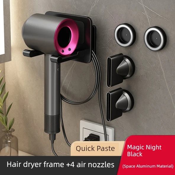 Manyetik Dyson Saç Kurutma Makinesi Duvar Montaj Tutucu - Büyülü Gece Siyahı, 4 Nozul Tutuculu