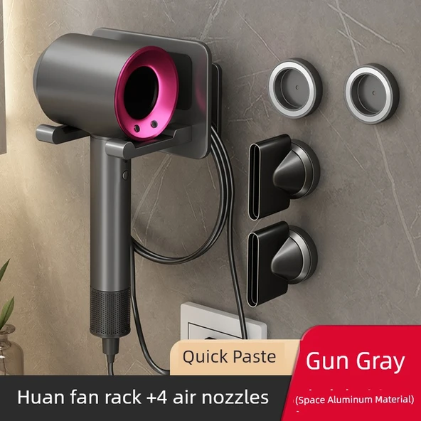Manyetik Dyson Saç Kurutma Makinesi Duvar Montaj Tutucu - Metalik Gri, 4 Nozul Tutuculu