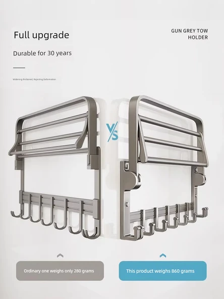 Deliksiz Banyo Havlu Rafı - Katlanabilir 3'lü Set: Raf, 2 Tripod, Fırça - Resim 5