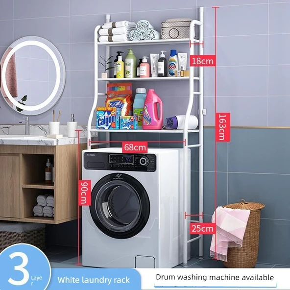 Çamaşır Makinesi Üstü Banyo Rafı - Beyaz Üç Katlı Genişletilmiş Çamaşır Rafı