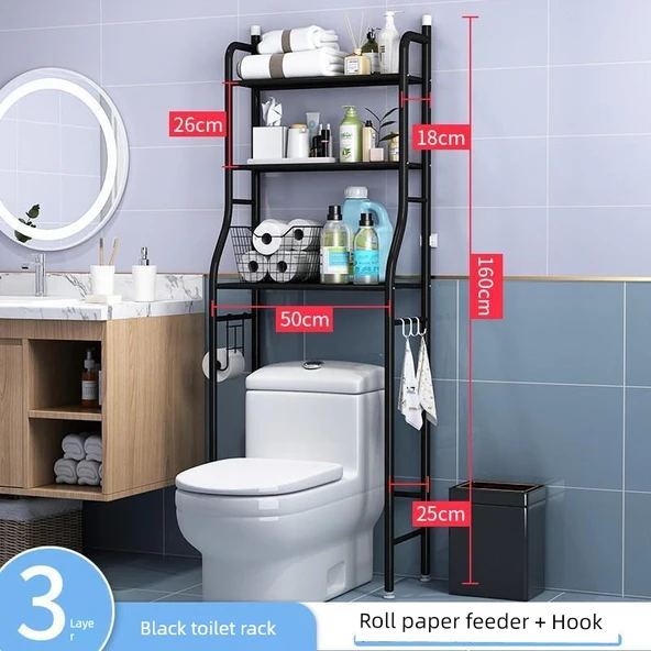 Çamaşır Makinesi Üstü Banyo Rafı - Siyah Üç Katlı Tuvalet Rafı