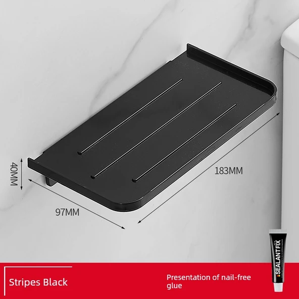 Deliksiz Plastik Banyo Rafı - Telefon Tutuculu - Çizgili Siyah (Çivisiz)
