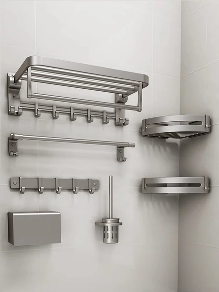 Deliksiz Banyo Havlu Rafı - Katlanabilir 3'lü Set: Raf, 2 Tripod, Fırça - Resim 2