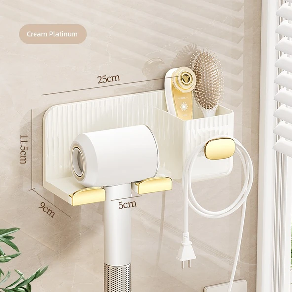 Deliksiz Banyo Duvar Tipi Saç Kurutma Makinesi Tutucu - Krem Platin