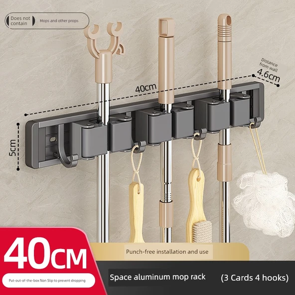 Banyo Havlu Rafı - Deliksiz - Füme Alüminyum - 40cm - 3 Kart 4 Kancalı