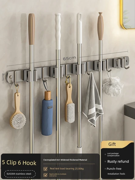 Banyo Havlu Rafı - Deliksiz - Füme Paslanmaz Çelik - 65cm - 5 Kart 6 Kancalı