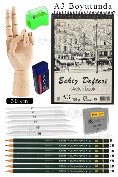 Ahşap El Modeli 30 Cm ve A3 Eskiz Defteri Modelleme Seti 1 Paket Dereceli Kalem Karakalem Dağıtma Hamur Silgi Kalemtraş