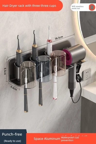 Banyo Tipi Deliksiz Saç Kurutma Makinesi Rafı - Üç Kişilik Renkli Bardaklı Diş Fırçası Tutuculu