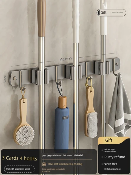 Banyo Havlu Rafı - Deliksiz - Füme Paslanmaz Çelik - 41cm - 3 Kart 4 Kancalı