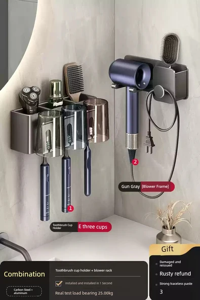 Alüminyum Saç Kurutma Makinesi Rafı - 3 Kişilik Diş Fırçası Tutuculu