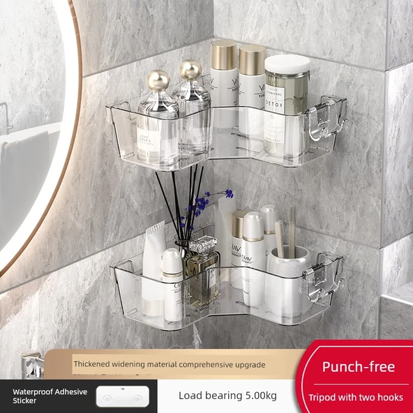 Deliksiz Banyo Saklama Kutusu Rafı - Kancalı Yarı Saydam Üçgen Raf Çiftli Paket