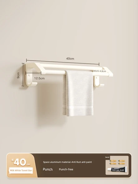 Alüminyum Çift Havluluk - Deliksiz Banyo Tuvalet Askısı - Süt Beyazı 40cm
