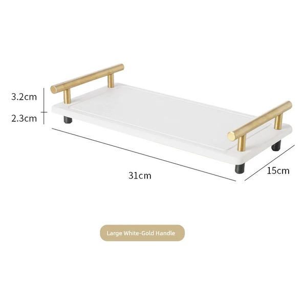 Diatomit Çamur Hızlı Kuruyan Banyo Rafı - Beyaz Büyük 31x15cm - Altın Saplı