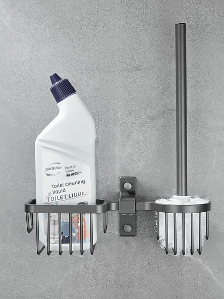 Deliksiz Duvara Monte Tuvalet Fırçası ve Saklama Rafı - Füme Gri - Resim 3