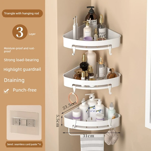 Paslanmaz Çelik Duvara Monte Deliksiz Banyo Rafı - [Üçgen] Kalın Üç Katmanlı (Çubuklu) + 6 Kancalı