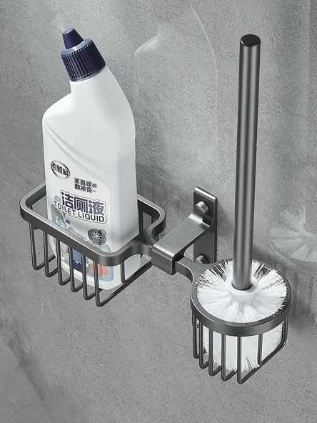 Deliksiz Duvara Monte Tuvalet Fırçası ve Saklama Rafı - Füme Gri - Resim 4