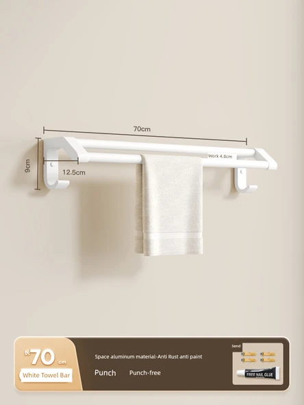 Alüminyum Çift Havluluk - Deliksiz Banyo Tuvalet Askısı - Saf Beyaz 70cm