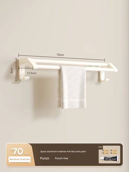 Alüminyum Çift Havluluk - Deliksiz Banyo Tuvalet Askısı - Süt Beyazı 70cm