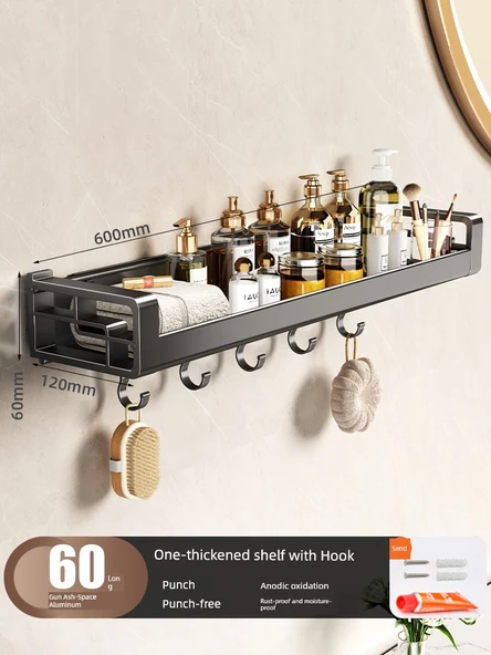 Delikli Banyo Köşe Rafı - Tek Katman - 60cm - Füme - 5 Kancalı