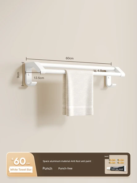 Alüminyum Çift Havluluk - Deliksiz Banyo Tuvalet Askısı - Saf Beyaz 60cm