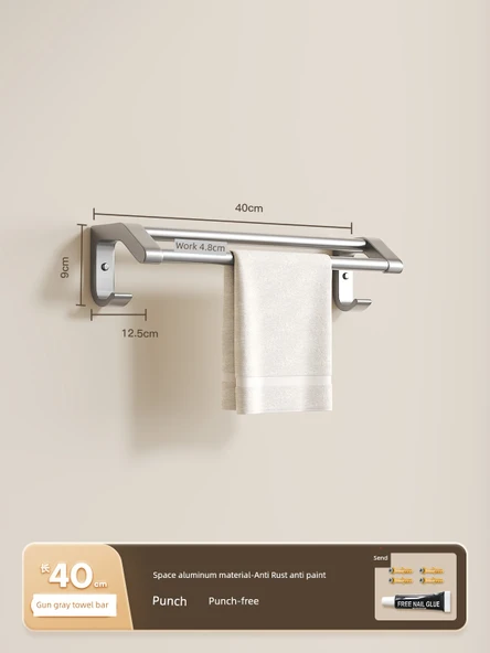 Alüminyum Çift Havluluk - Deliksiz Banyo Tuvalet Askısı - Metalik Gri 40cm