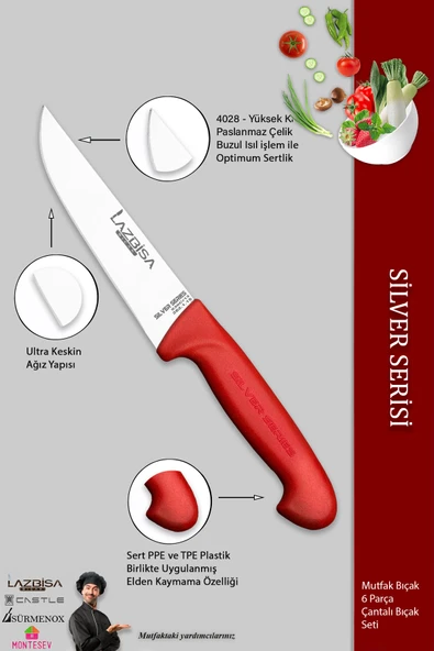 Lazbisa Silver Serisi Çantalı 5 Li Mutfak Bıçak Seti Gastronomi Mutfak Bıçak Seti ( Mft-254) - Resim 4