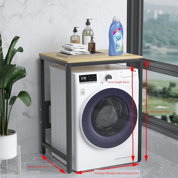 Çamaşır Makinesi Üstü Rafı - Siyah Raf Açık Ceviz (50cm)