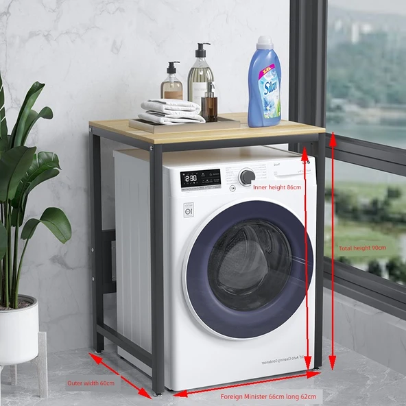 Çamaşır Makinesi Üstü Rafı - Siyah Raf Açık Ceviz (60cm)