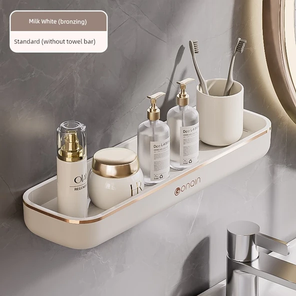 Deliksiz Duvara Monte Banyo Rafı - Süt Beyazı Bronz Yaldızlı - Standart