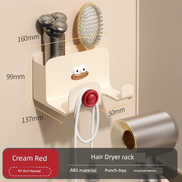 Deliksiz Banyo Tipi Saç Kurutma Makinesi Saklama Rafı - Krem Kırmızı