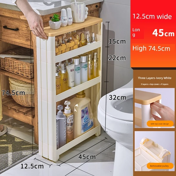 Ultra Dar Boşluk Rafı - 12.5cm Genişlik 74cm Yükseklik 3 Katlı Büyük Kapaklı