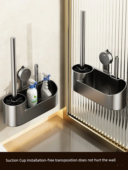 Vantuzlu Klozet Fırçası Seti - Metalik Gri, Raflı ve Tuvalet Kağıtlıklı (Model 2) - Resim 2