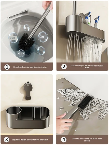 Vantuzlu Klozet Fırçası Seti - Metalik Gri, Raflı ve Tuvalet Kağıtlıklı (Model 2) - Resim 5