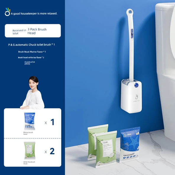 Otomatik Kapaklı Klozet Fırçası Seti - 8 Okyanus + 16 Beyaz Çay Tablet
