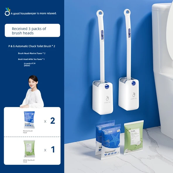 2 Adet Otomatik Kapaklı Klozet Fırçası - 16 Okyanus + 8 Beyaz Çay Tablet