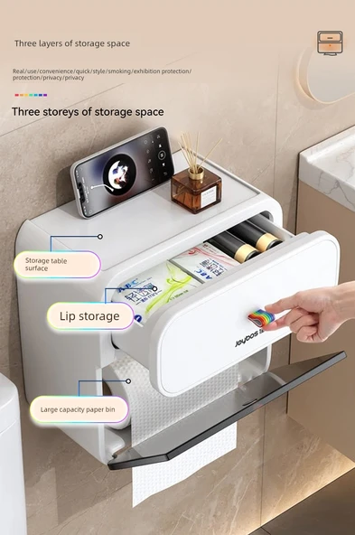 Su Geçirmez Tuvalet Kağıdı Tutucu - Yıldız Gri - Tek Katmanlı Çekmeceli - Resim 12