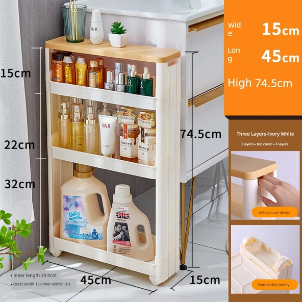 Ultra Dar Boşluk Rafı - 15cm Genişletilmiş 74cm Yükseklik 3 Katlı Büyük Kapaklı