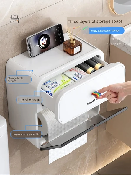 Su Geçirmez Tuvalet Kağıdı Tutucu - Yıldız Gri - Tek Katmanlı Çekmeceli - Resim 3