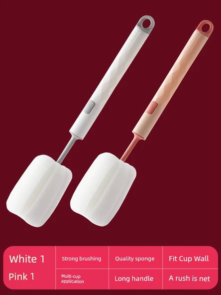 Uzun Saplı Yalıtımlı Sünger Bardak Fırçası - Beyaz + Pembe (2'li Paket)