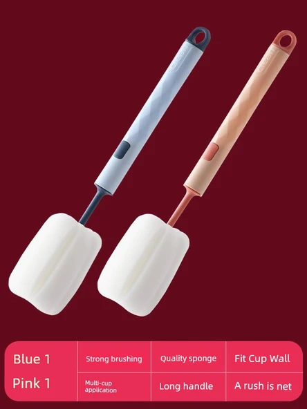 Uzun Saplı Yalıtımlı Sünger Bardak Fırçası - Mavi + Pembe (2'li Paket)