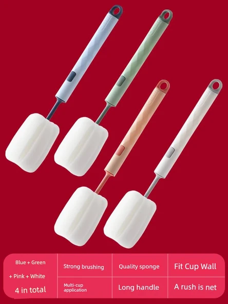Uzun Saplı Yalıtımlı Sünger Bardak Fırçası - Beyaz + Pembe + Mavi + Yeşil (4'lü Paket)