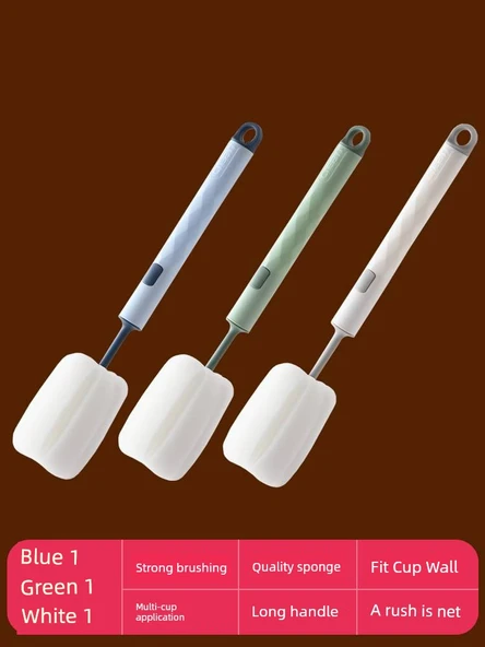 Uzun Saplı Yalıtımlı Sünger Bardak Fırçası - Mavi + Yeşil + Beyaz (3'lü Paket)