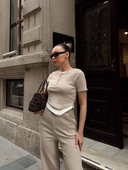 Düğme yakalı bej alt üst takım s3943 - Resim 3