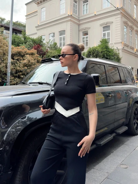 Düğme yakalı siyah alt üst takım s3943 - Resim 6