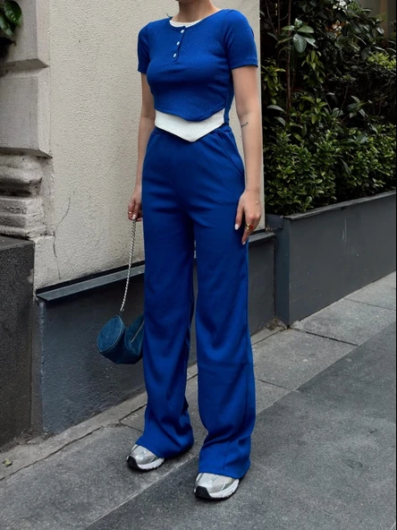 Düğme yakalı saks alt üst takım s3943 - Resim 2