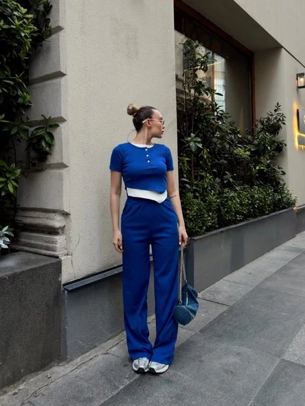 Düğme yakalı saks alt üst takım s3943 - Resim 4