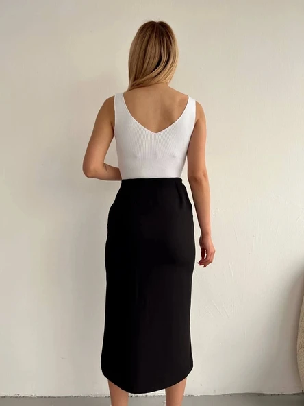 Büzgülü uzun yırtmaçlı midi boy etek siyah - 2